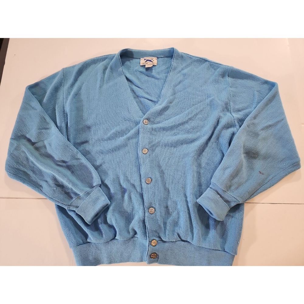 Vtg 70s JCPenney The Fox Sweater Cardigan Blue Orlon Acrylic Men XL Kurt Cobain